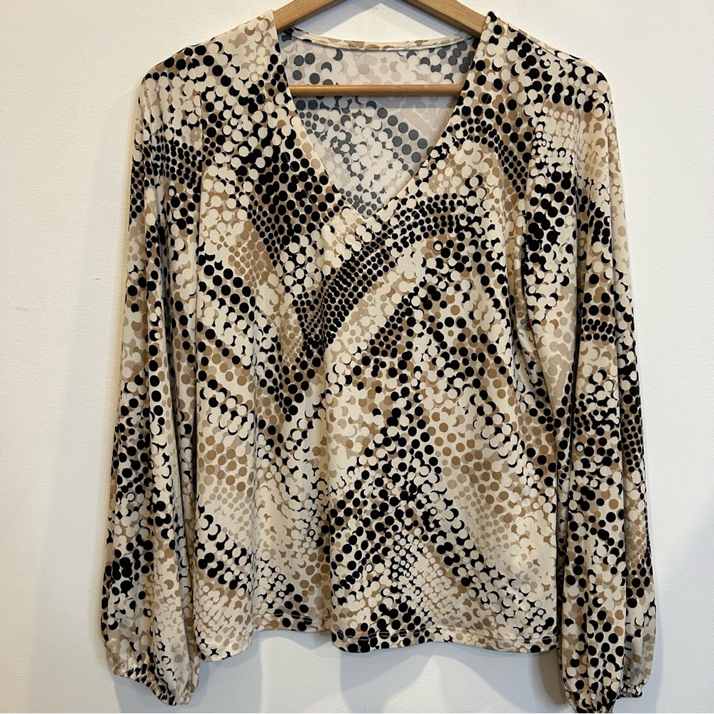 Laura Abstract Print V-Neck Long Sleeve Top Shirt Neutrals